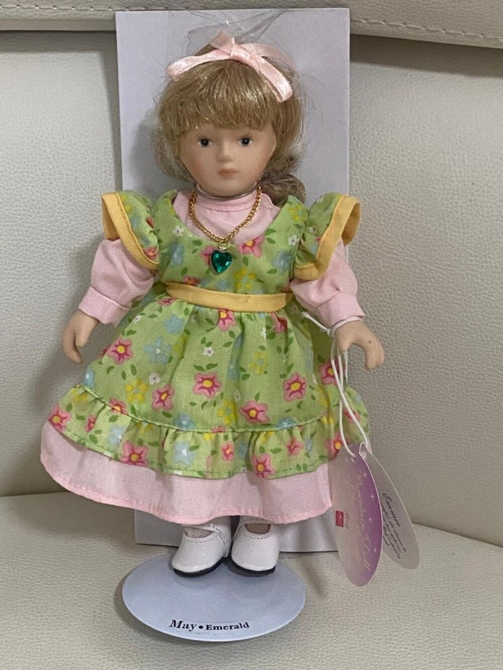Russ Porcelain Doll of the Month May "Emerald" with Stand & Tag